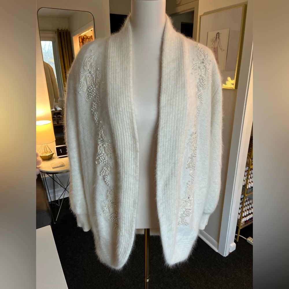 Vintage Ivory/Cream Angora Cardigan with Beading/Embroidery